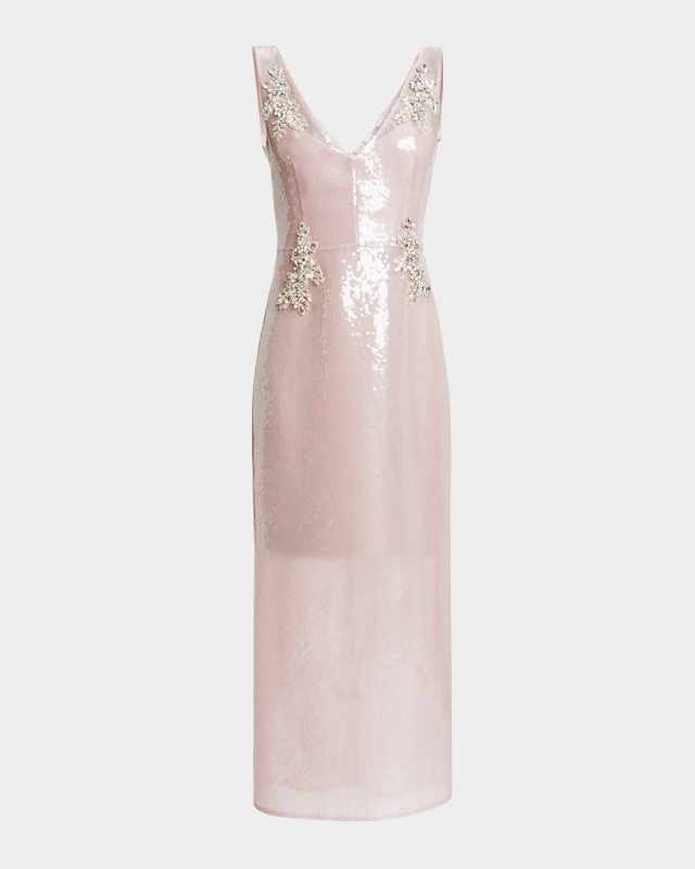 V-Neck Sequined Crystal Pencil Midi Cocktail Dress